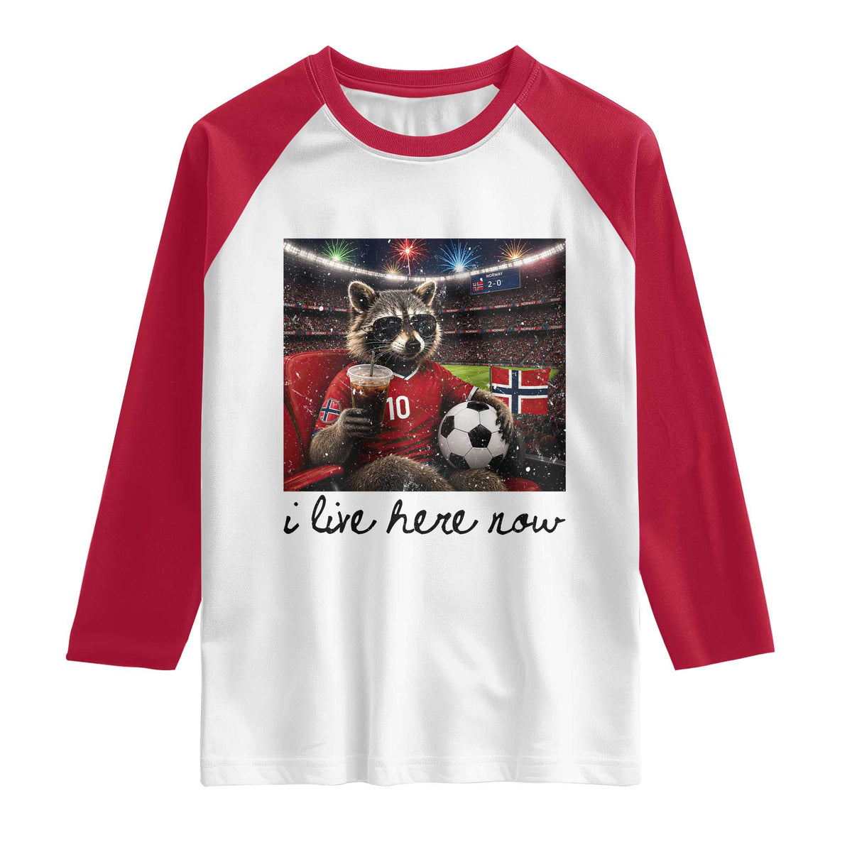 Norway Soccer Football Fan Norge Norwegian Flag Raglan Shirt Funny Raccoon I Live Here Now TS14 White Red Print Your Wear