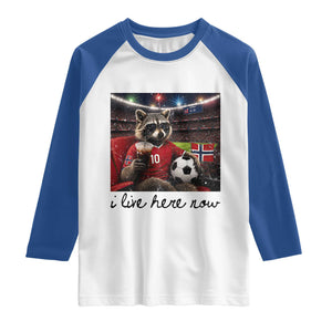Norway Soccer Football Fan Norge Norwegian Flag Raglan Shirt Funny Raccoon I Live Here Now TS14 White Royal Print Your Wear