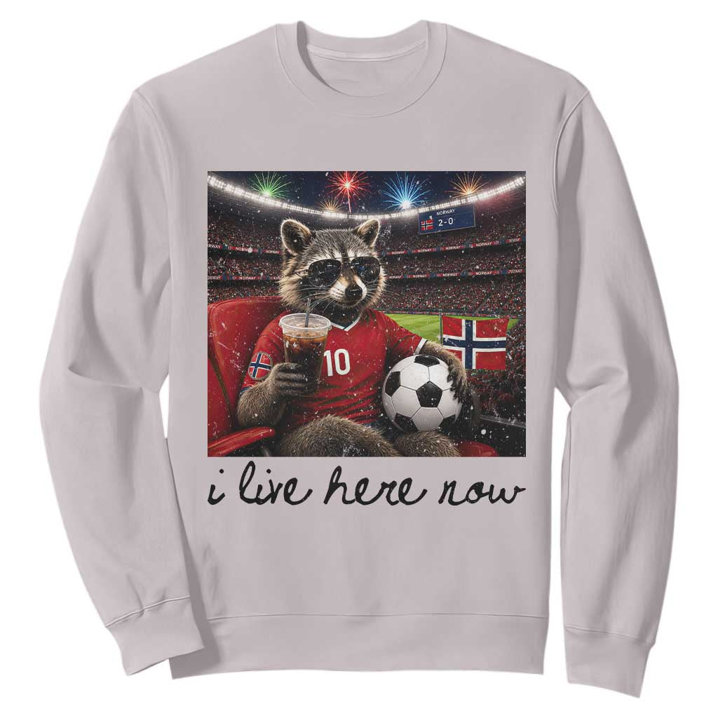 Norway Soccer Football Fan Norge Norwegian Flag Sweatshirt Funny Raccoon I Live Here Now TS14 S Ice Gray Print Your Wear