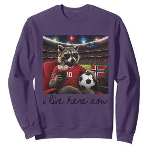 Norway Soccer Football Fan Norge Norwegian Flag Sweatshirt Funny Raccoon I Live Here Now TS14 Purple Print Your Wear
