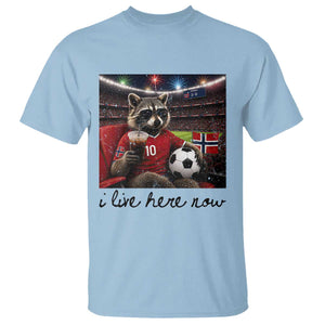 Norway Soccer Football Fan Norge Norwegian Flag T Shirt Funny Raccoon I Live Here Now TS14 Light Blue Print Your Wear