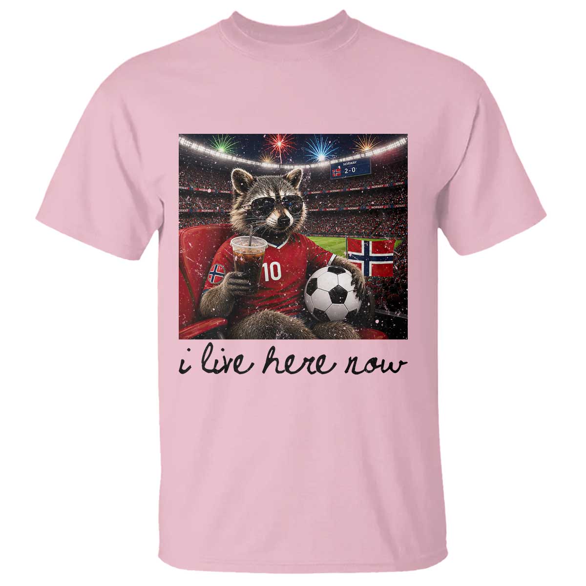 Norway Soccer Football Fan Norge Norwegian Flag T Shirt Funny Raccoon I Live Here Now TS14 Light Pink Print Your Wear