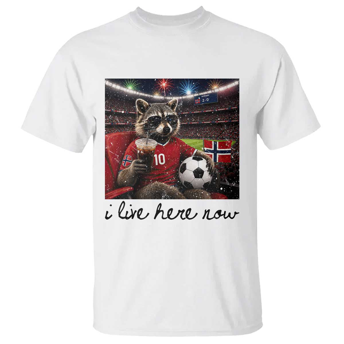 Norway Soccer Football Fan Norge Norwegian Flag T Shirt Funny Raccoon I Live Here Now TS14 White Print Your Wear