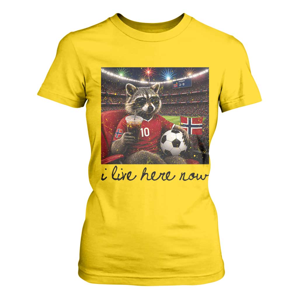 Norway Soccer Football Fan Norge Norwegian Flag T Shirt For Women Funny Raccoon I Live Here Now TS14 Daisy Print Your Wear