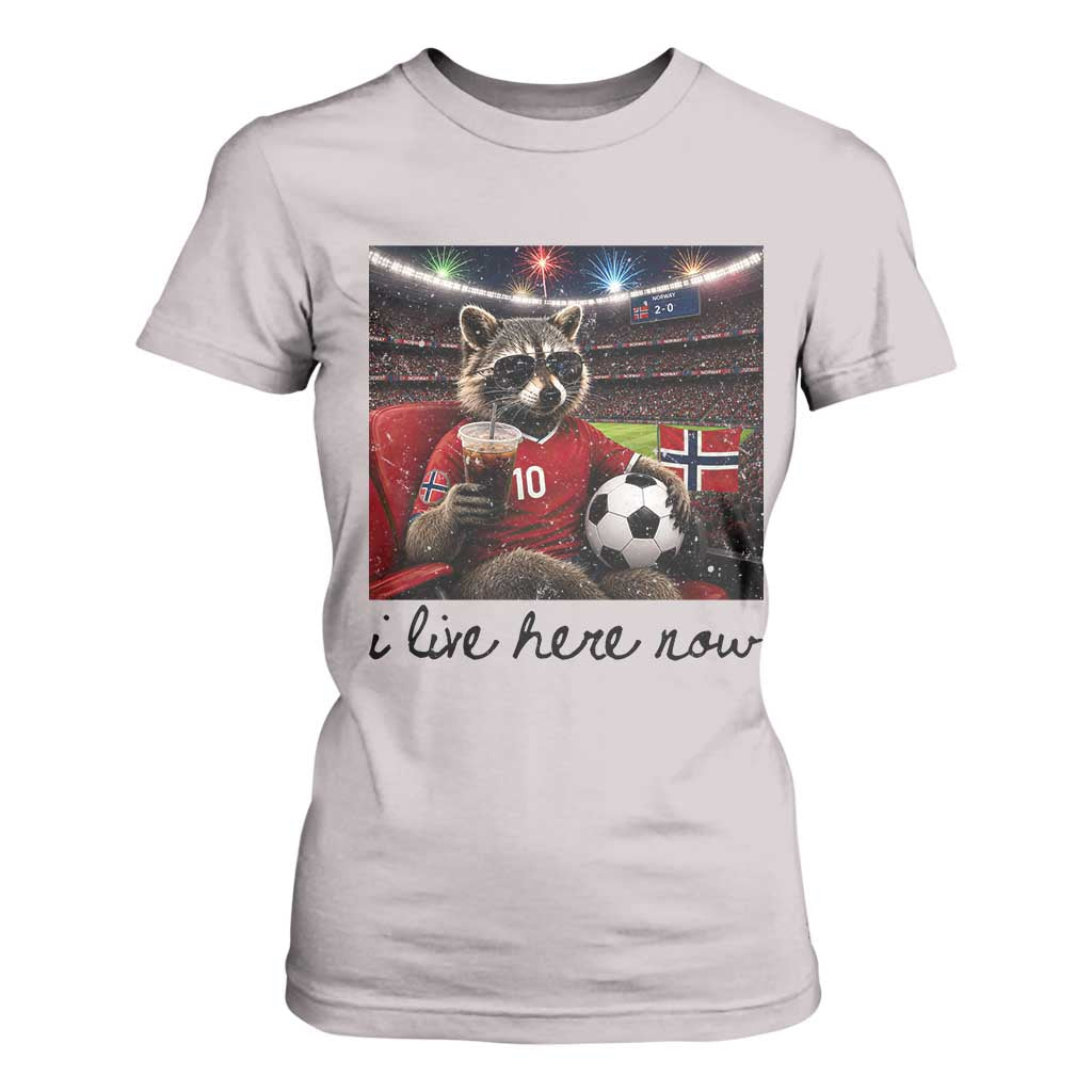 Norway Soccer Football Fan Norge Norwegian Flag T Shirt For Women Funny Raccoon I Live Here Now TS14 Ice Gray Print Your Wear