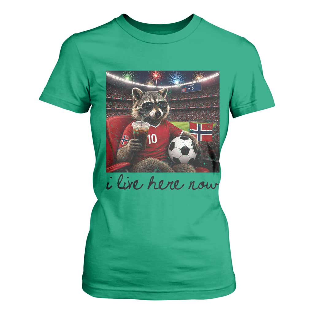 Norway Soccer Football Fan Norge Norwegian Flag T Shirt For Women Funny Raccoon I Live Here Now TS14 Irish Green Print Your Wear