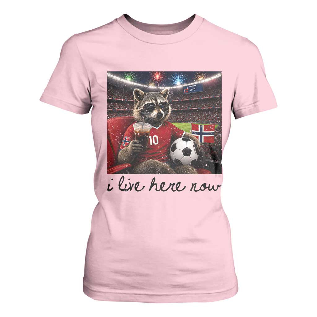 Norway Soccer Football Fan Norge Norwegian Flag T Shirt For Women Funny Raccoon I Live Here Now TS14 Light Pink Print Your Wear