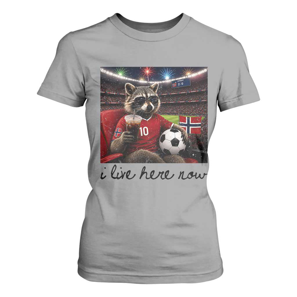 Norway Soccer Football Fan Norge Norwegian Flag T Shirt For Women Funny Raccoon I Live Here Now TS14 Sport Gray Print Your Wear