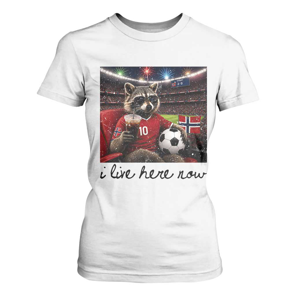Norway Soccer Football Fan Norge Norwegian Flag T Shirt For Women Funny Raccoon I Live Here Now TS14 White Print Your Wear