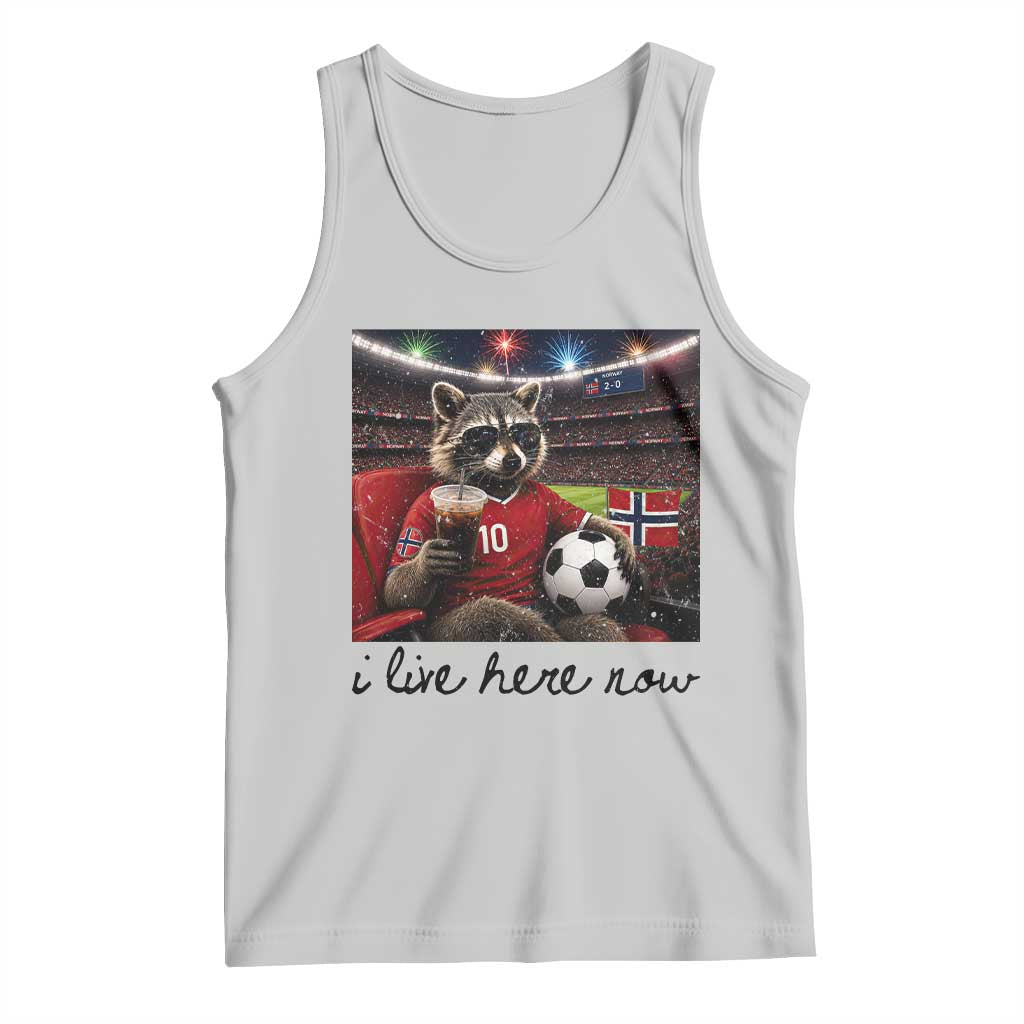 Norway Soccer Football Fan Norge Norwegian Flag Tank Top Funny Raccoon I Live Here Now TS14 Ash Print Your Wear