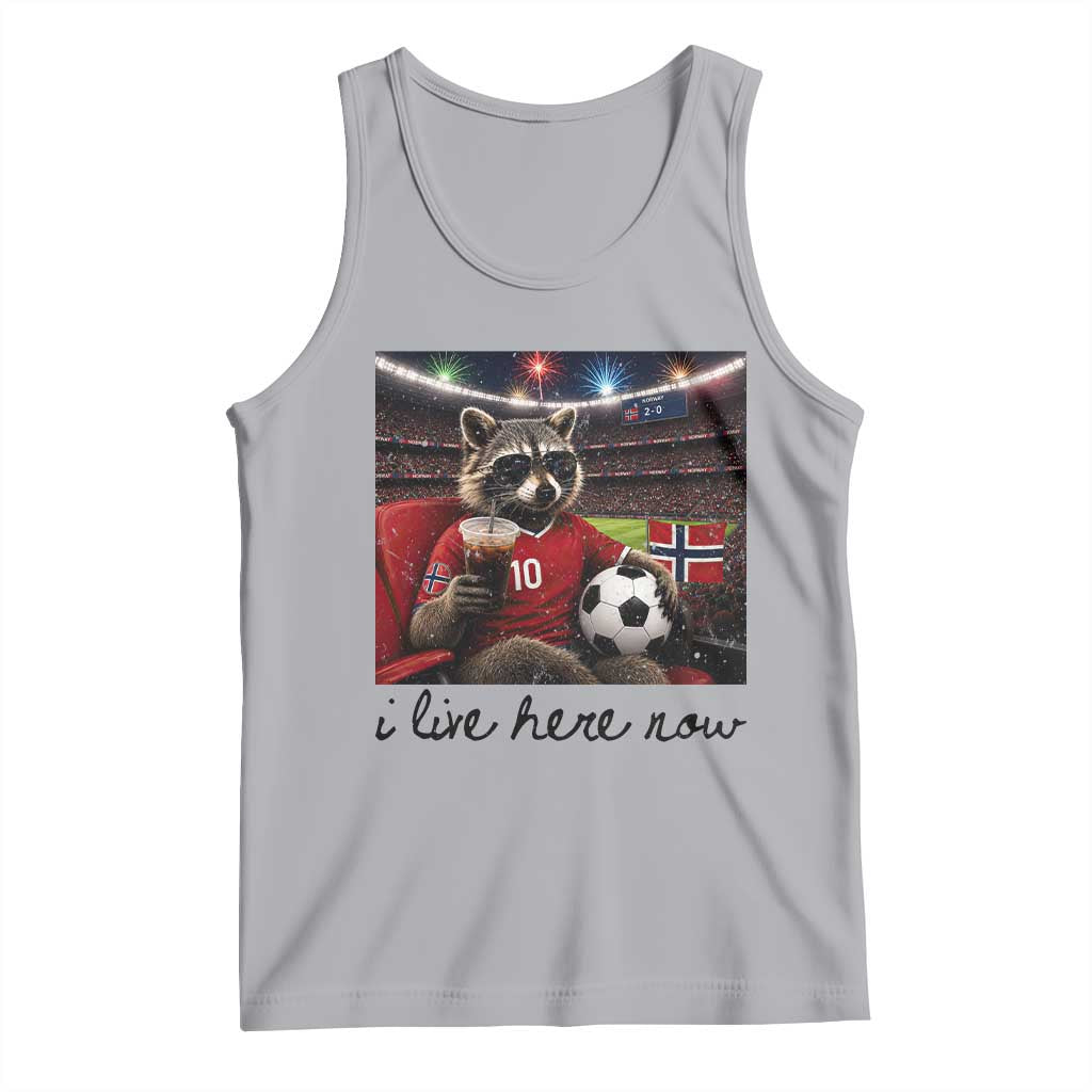 Norway Soccer Football Fan Norge Norwegian Flag Tank Top Funny Raccoon I Live Here Now TS14 Athletic Heather Print Your Wear
