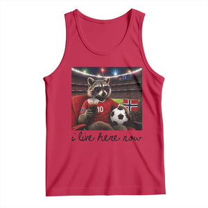 Norway Soccer Football Fan Norge Norwegian Flag Tank Top Funny Raccoon I Live Here Now TS14 Red Print Your Wear