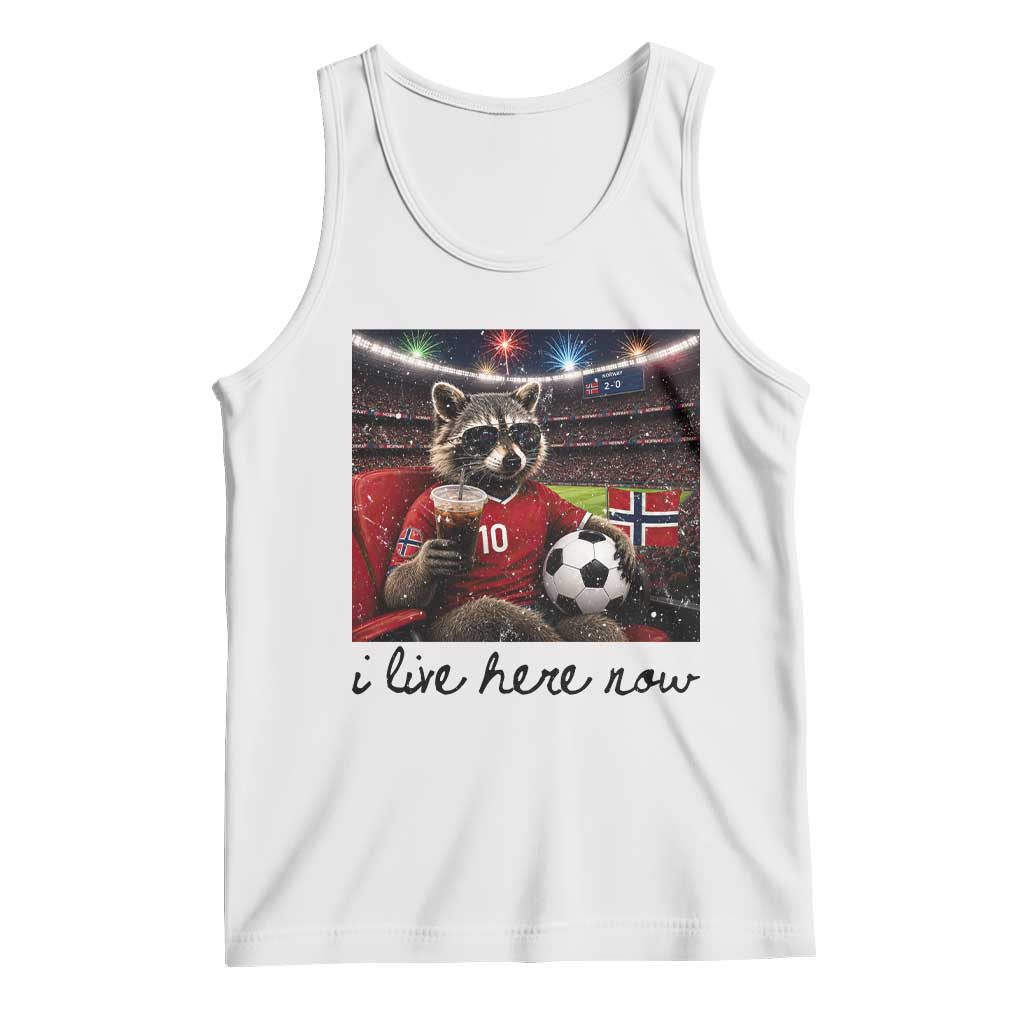 Norway Soccer Football Fan Norge Norwegian Flag Tank Top Funny Raccoon I Live Here Now TS14 White Print Your Wear
