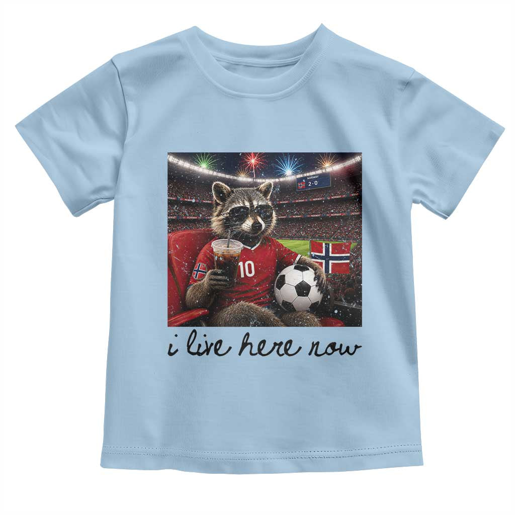 Norway Soccer Football Fan Norge Norwegian Flag Toddler T Shirt Funny Raccoon I Live Here Now TS14 Light Blue Print Your Wear