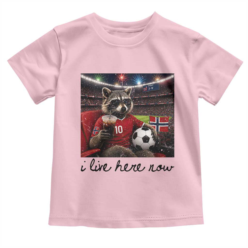Norway Soccer Football Fan Norge Norwegian Flag Toddler T Shirt Funny Raccoon I Live Here Now TS14 Light Pink Print Your Wear