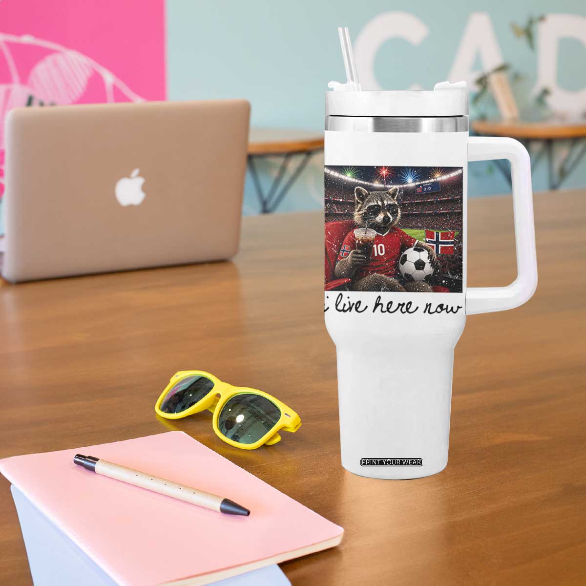 Norway Soccer Football Fan Norge Norwegian Flag Tumbler With Handle Funny Raccoon I Live Here Now TS14 Print Your Wear