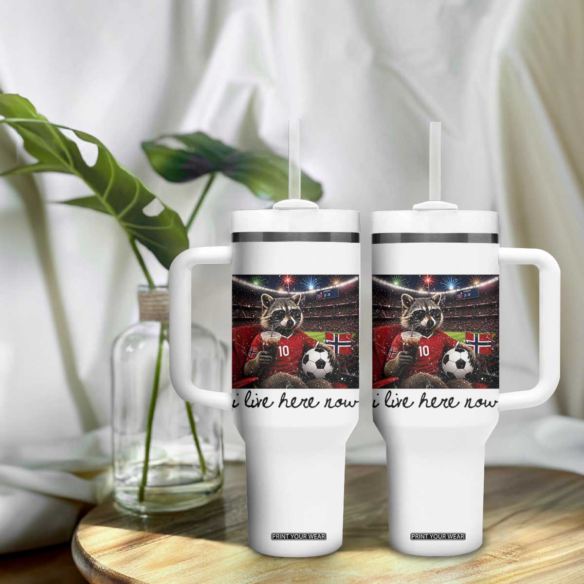 Norway Soccer Football Fan Norge Norwegian Flag Tumbler With Handle Funny Raccoon I Live Here Now TS14 Print Your Wear