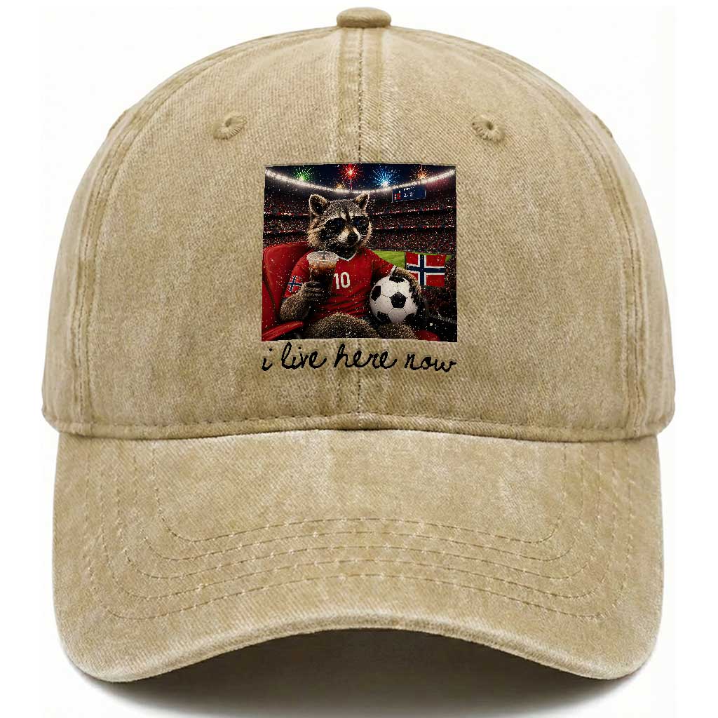 Norway Soccer Football Fan Norge Norwegian Flag Washed Cotton Baseball Cap Funny Raccoon I Live Here Now TS14 Print Your Wear