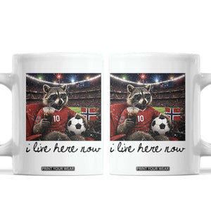 Norway Soccer Football Fan Norge Norwegian Flag Coffee Mug Funny Raccoon I Live Here Now TS14 White Print Your Wear