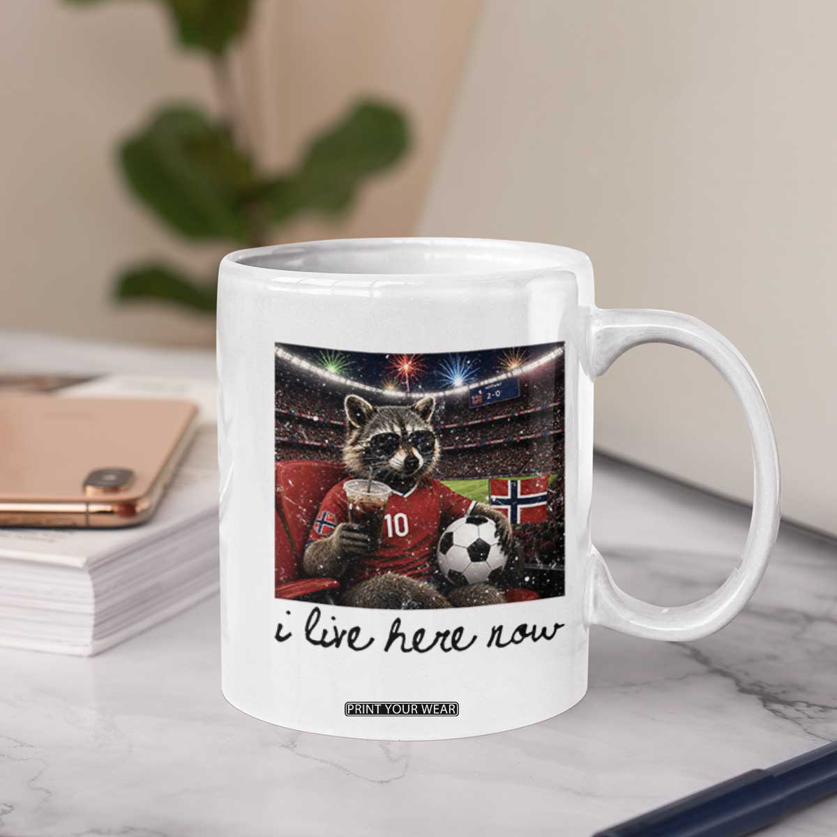 Norway Soccer Football Fan Norge Norwegian Flag Coffee Mug Funny Raccoon I Live Here Now TS14 Print Your Wear