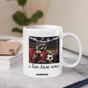 Norway Soccer Football Fan Norge Norwegian Flag Coffee Mug Funny Raccoon I Live Here Now TS14 Print Your Wear