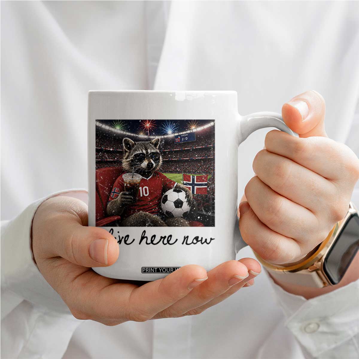 Norway Soccer Football Fan Norge Norwegian Flag Coffee Mug Funny Raccoon I Live Here Now TS14 Print Your Wear