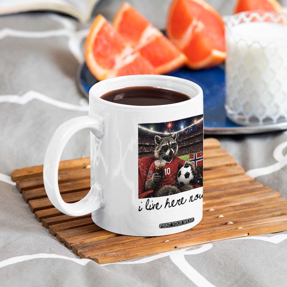 Norway Soccer Football Fan Norge Norwegian Flag Coffee Mug Funny Raccoon I Live Here Now TS14 Print Your Wear
