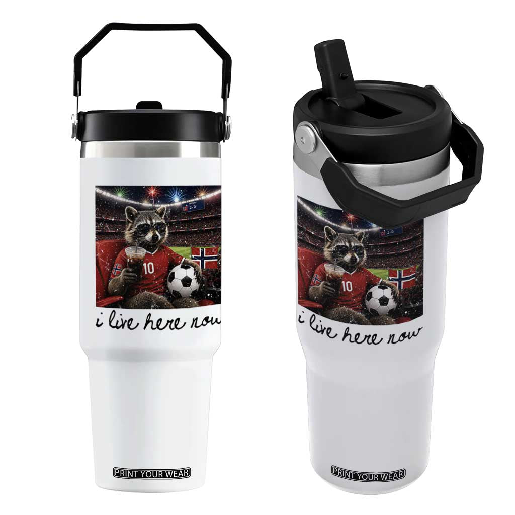 Norway Soccer Football Fan Norge Norwegian Flag Flip Straw Tumbler Funny Raccoon I Live Here Now TS14 One Size: 30 oz White Print Your Wear