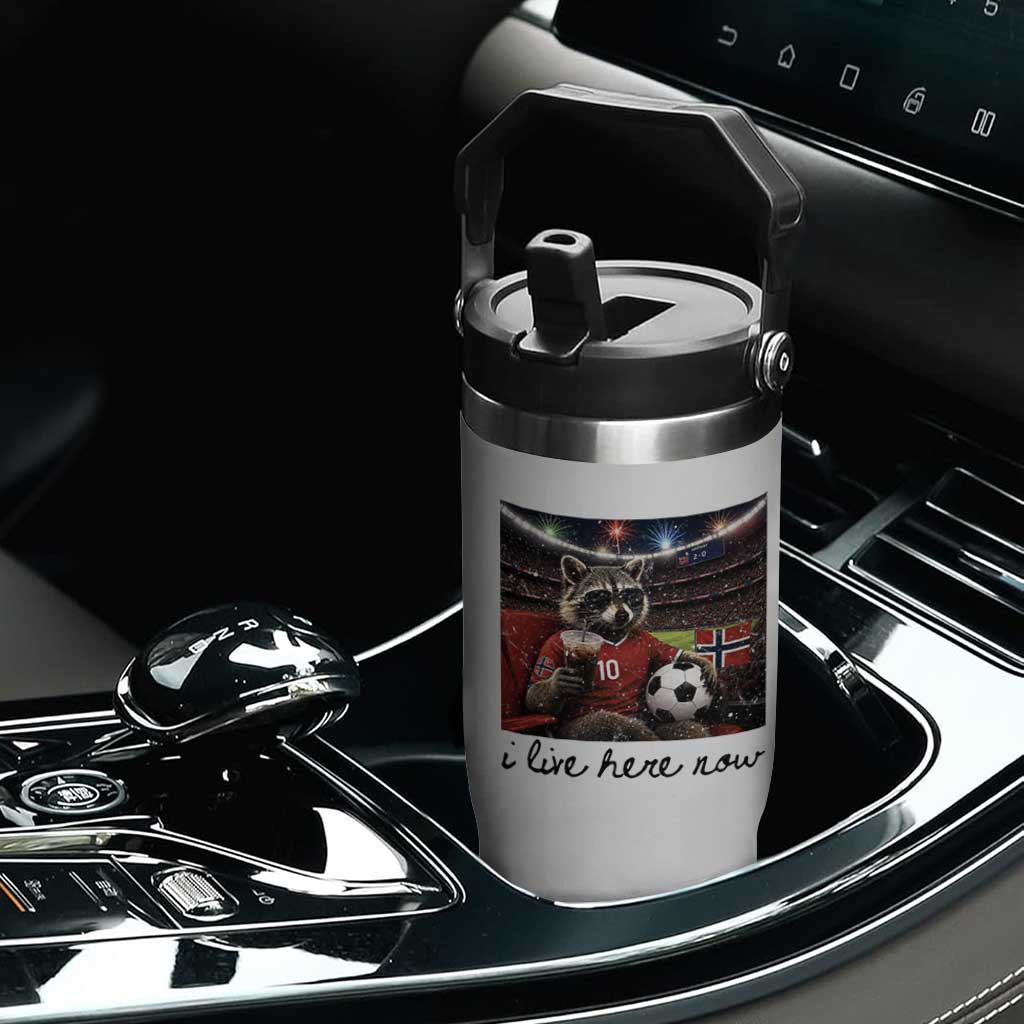 Norway Soccer Football Fan Norge Norwegian Flag Flip Straw Tumbler Funny Raccoon I Live Here Now TS14 Print Your Wear