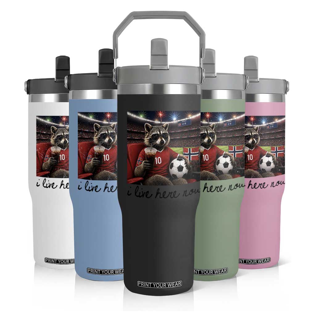 Norway Soccer Football Fan Norge Norwegian Flag Flip Straw Tumbler Funny Raccoon I Live Here Now TS14 Print Your Wear