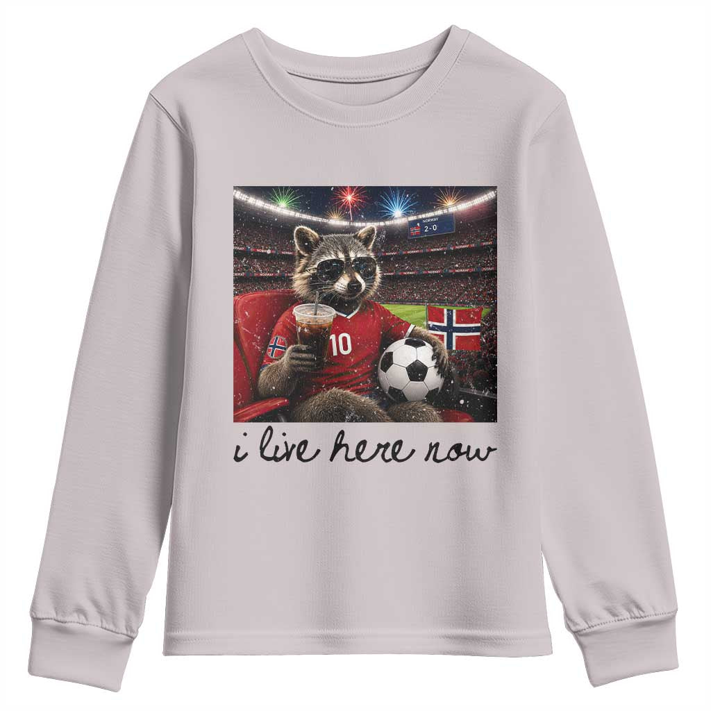 Norway Soccer Football Fan Norge Norwegian Flag Youth Sweatshirt Funny Raccoon I Live Here Now TS14 Ice Gray Print Your Wear