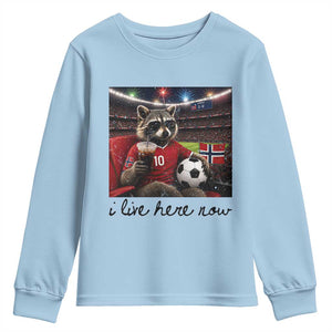 Norway Soccer Football Fan Norge Norwegian Flag Youth Sweatshirt Funny Raccoon I Live Here Now TS14 Light Blue Print Your Wear