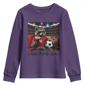 Norway Soccer Football Fan Norge Norwegian Flag Youth Sweatshirt Funny Raccoon I Live Here Now TS14 Purple Print Your Wear