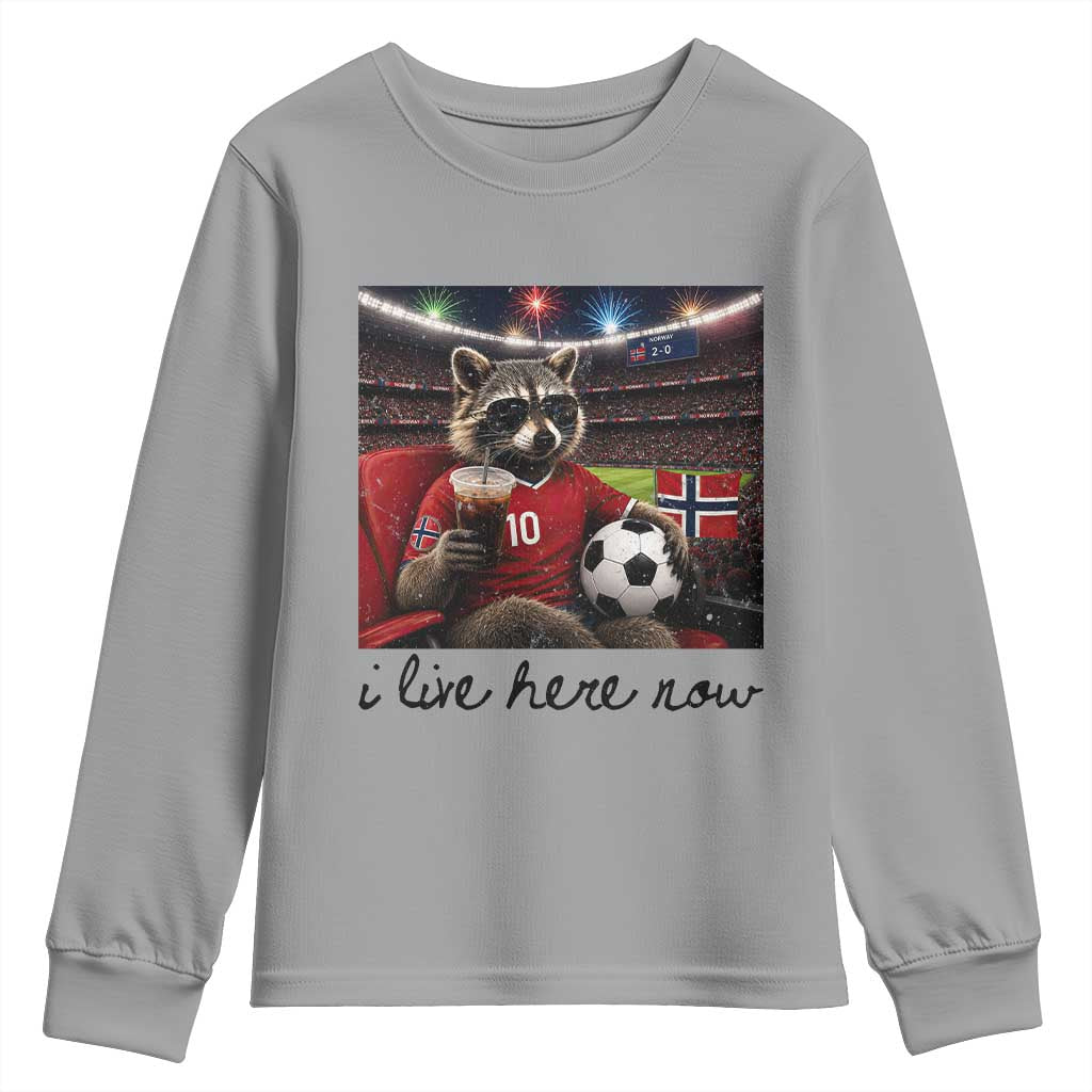Norway Soccer Football Fan Norge Norwegian Flag Youth Sweatshirt Funny Raccoon I Live Here Now TS14 Sport Gray Print Your Wear