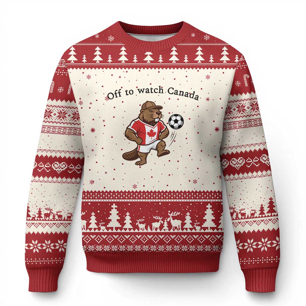 Off to Watch Canada Ugly Christmas Sweater Patriotic Canadian Beaver Football Fan Gift