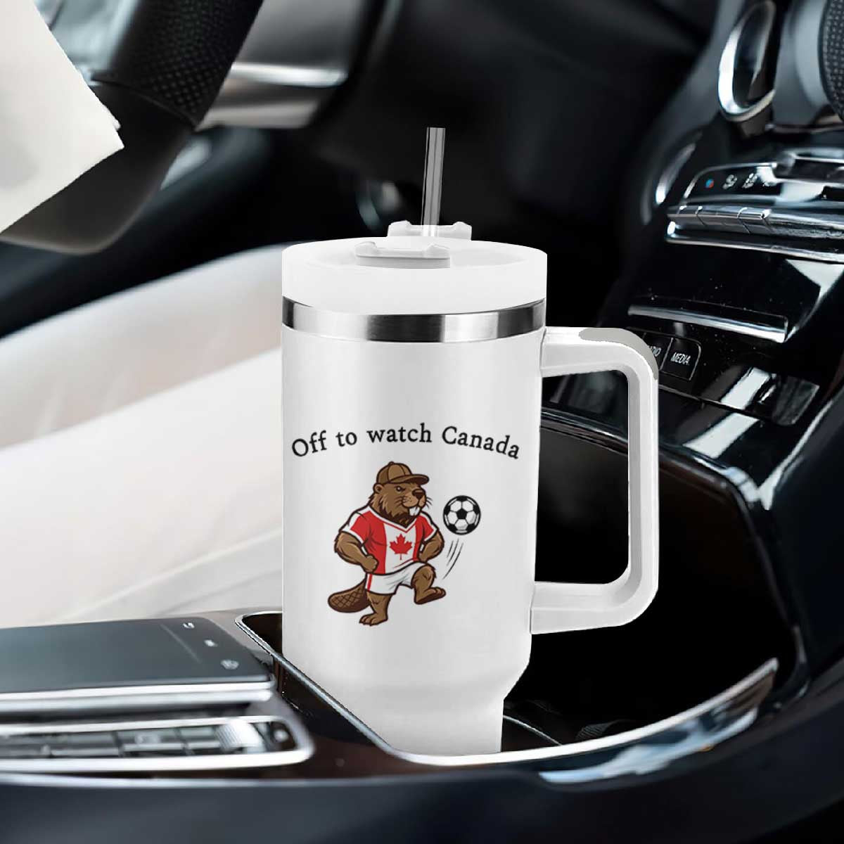 Off to Watch Canada Tumbler With Handle Patriotic Canadian Beaver Football Fan Gift