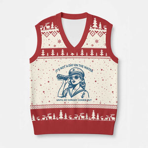 Funny Boat Captain Girl V-Neck Knit Sweater Vest It Is Not A Day On The Lake Until My Dinghy Comes Out TS14 Beige Red Print Your Wear