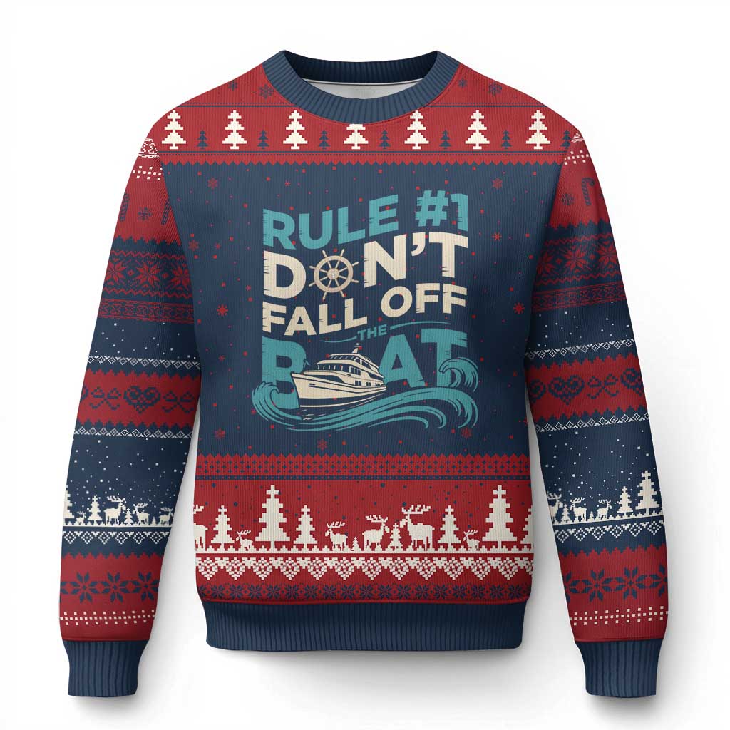 Funny Cruise Ship Ugly Christmas Sweater Rule Number One Do Not Fall Off The Boat TS14 Navy Red Print Your Wear