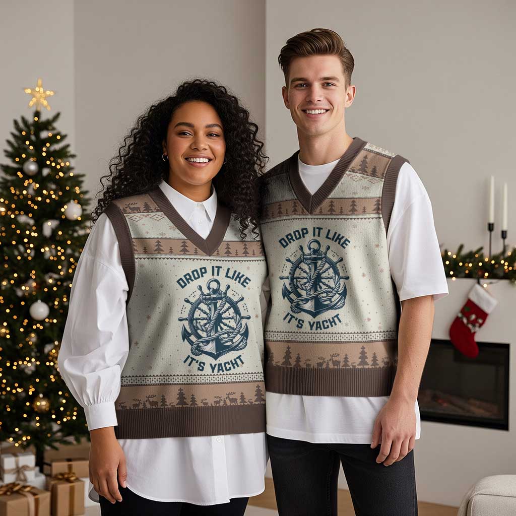 Funny Sailing Cruising V-Neck Knit Sweater Vest Drop It Like Its Yacht TS14 Mocha Mousse Print Your Wear