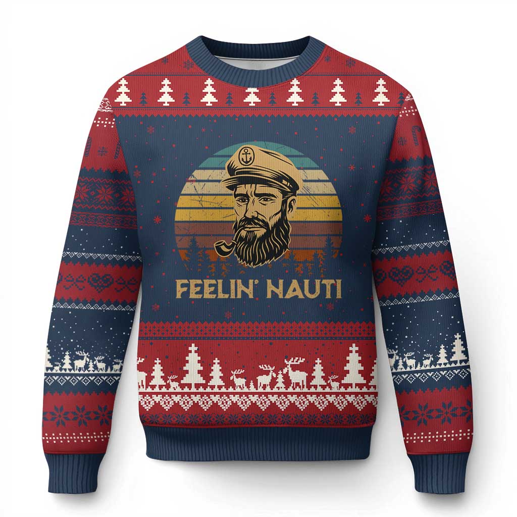 Funny Sailing Boating Ugly Christmas Sweater Feelin Nauti TS14 Navy Red Print Your Wear