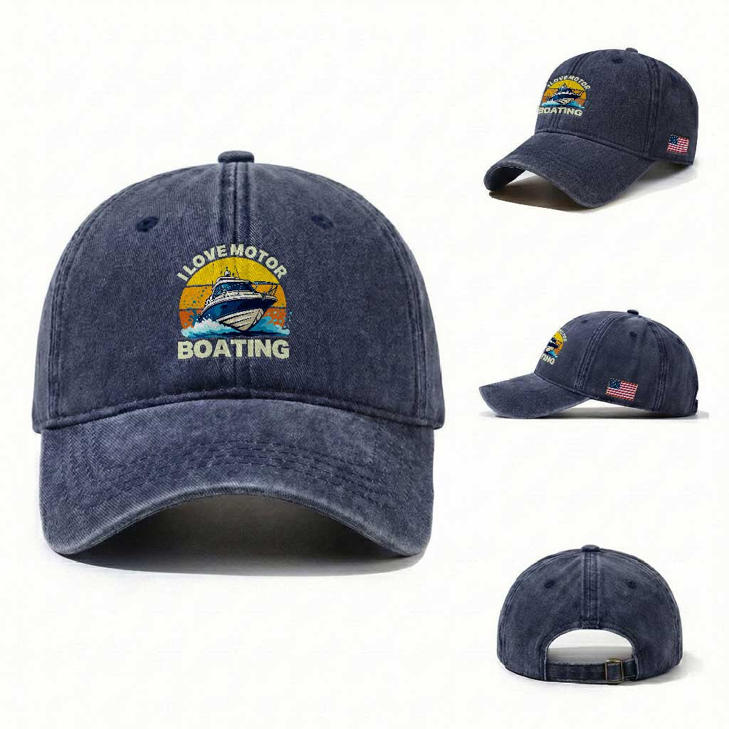 Funny Boater Washed Cotton Baseball Cap I Love Motorboating TS14 Washed Cap Universal Fit Navy Print Your Wear