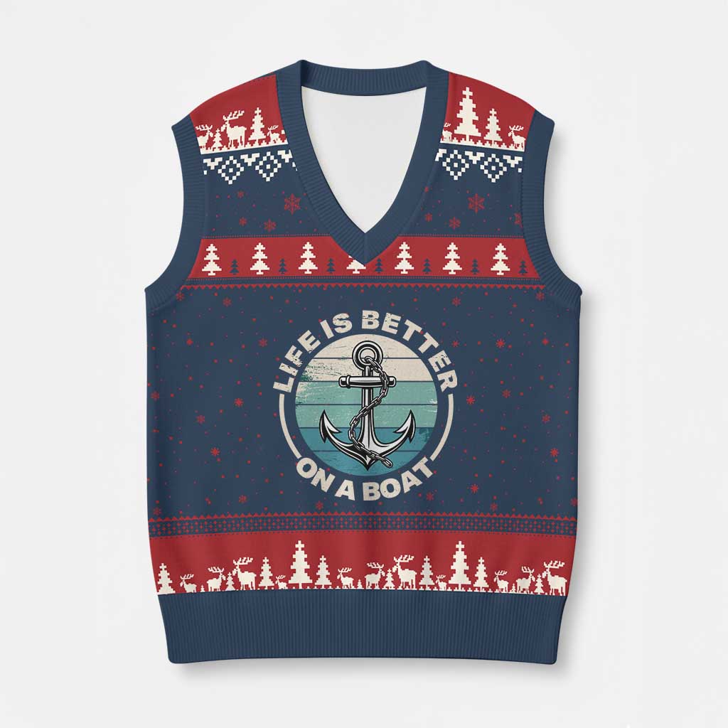 Funny Boating V-Neck Knit Sweater Vest Life Is Better On A Boat TS14 Navy Red Print Your Wear