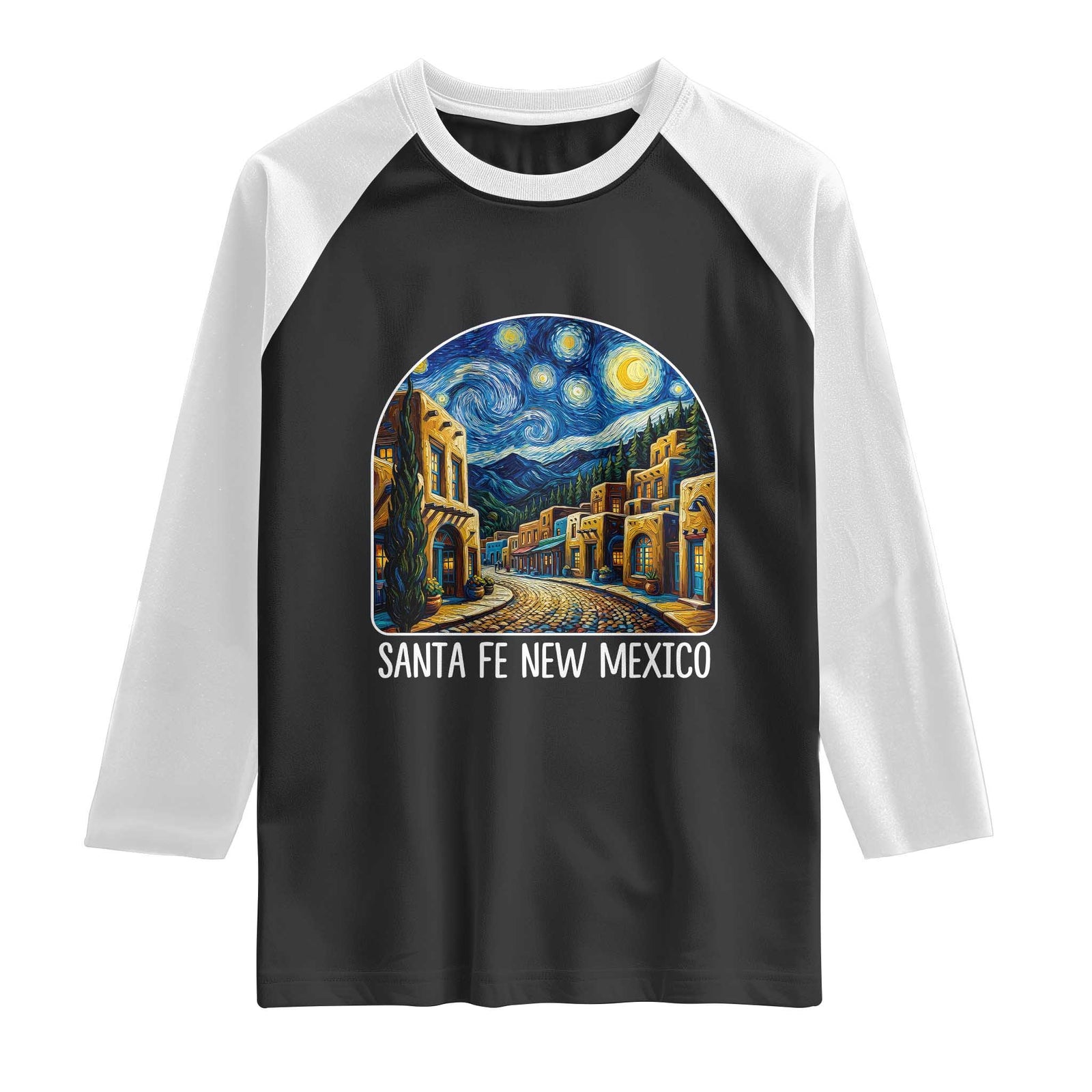 Santa Fe New Mexico Starry Night Style Raglan Shirt TS14 Black White Print Your Wear