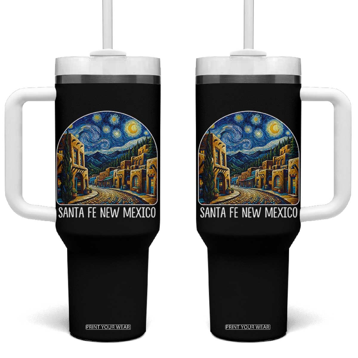 Santa Fe New Mexico Starry Night Style Tumbler With Handle TS14 One Size: 40 oz Black Print Your Wear