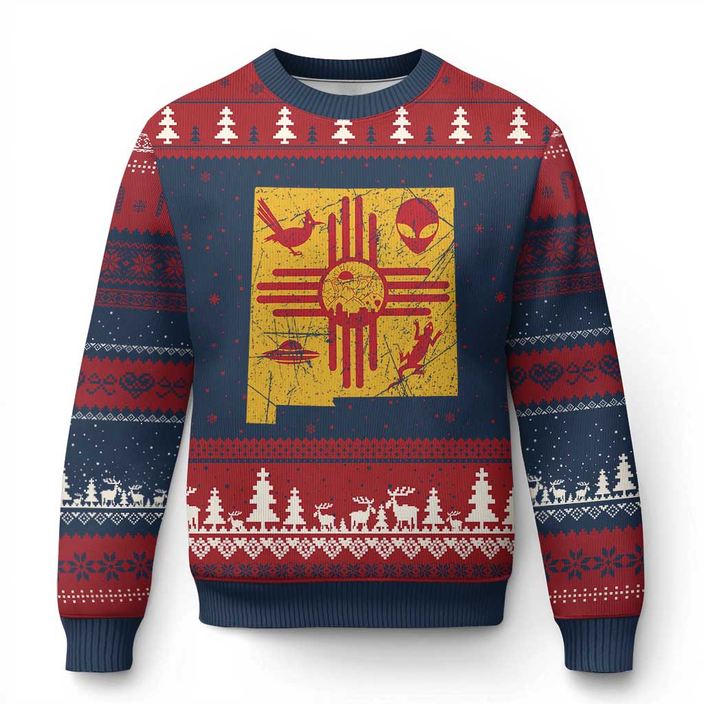 New Mexico State Map Zia Symbol Famous Icons Ugly Christmas Sweater TS14 Navy Red Print Your Wear