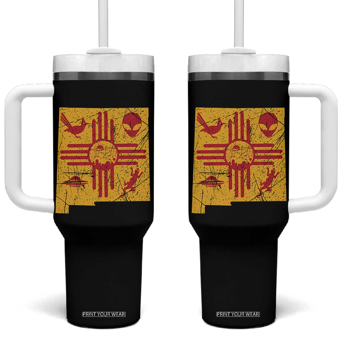 New Mexico State Map Zia Symbol Famous Icons Tumbler With Handle TS14 One Size: 40 oz Black Print Your Wear