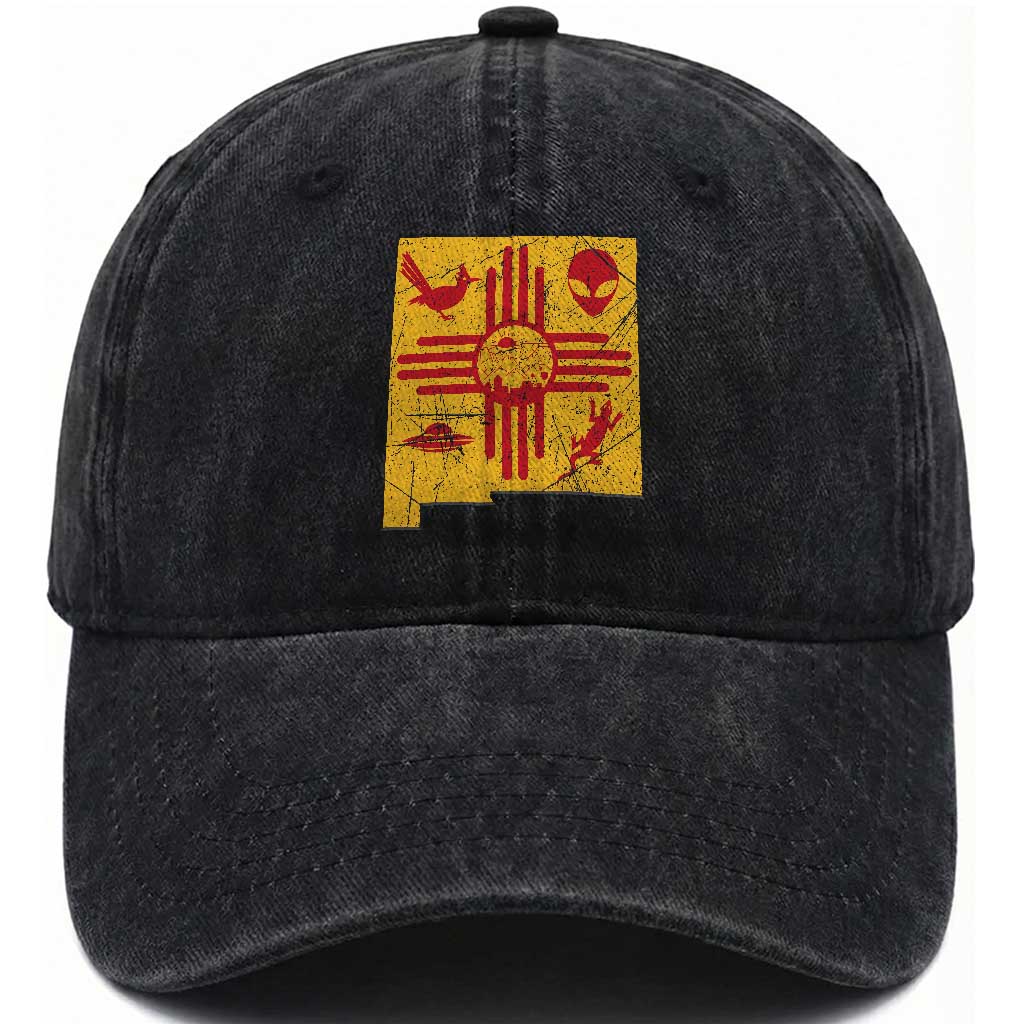 New Mexico State Map Zia Symbol Famous Icons Washed Cotton Baseball Cap TS14 Print Your Wear