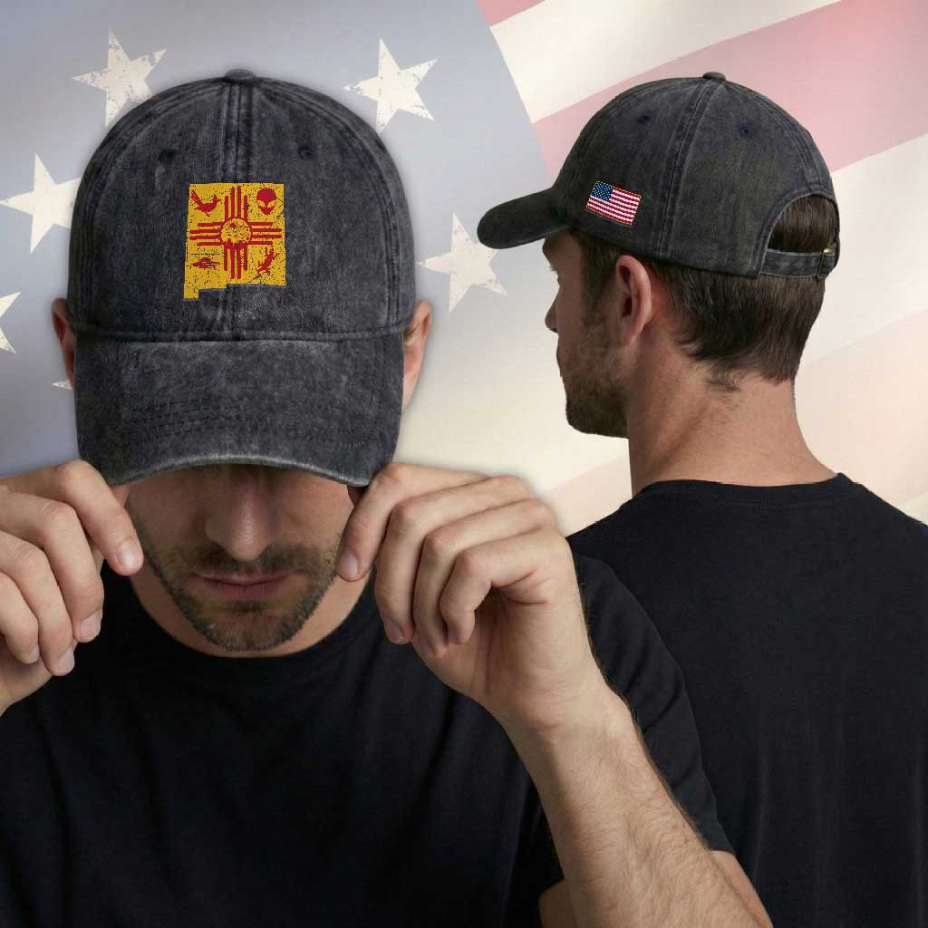 New Mexico State Map Zia Symbol Famous Icons Washed Cotton Baseball Cap TS14 Print Your Wear