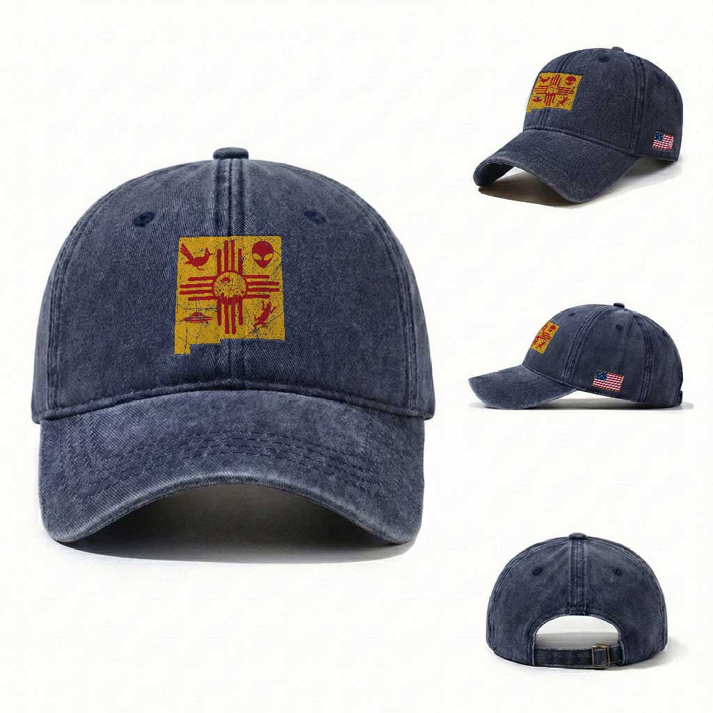 New Mexico State Map Zia Symbol Famous Icons Washed Cotton Baseball Cap TS14 Washed Cap Universal Fit Navy Print Your Wear