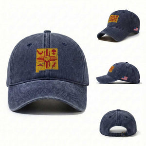New Mexico State Map Zia Symbol Famous Icons Washed Cotton Baseball Cap TS14 Washed Cap Universal Fit Navy Print Your Wear
